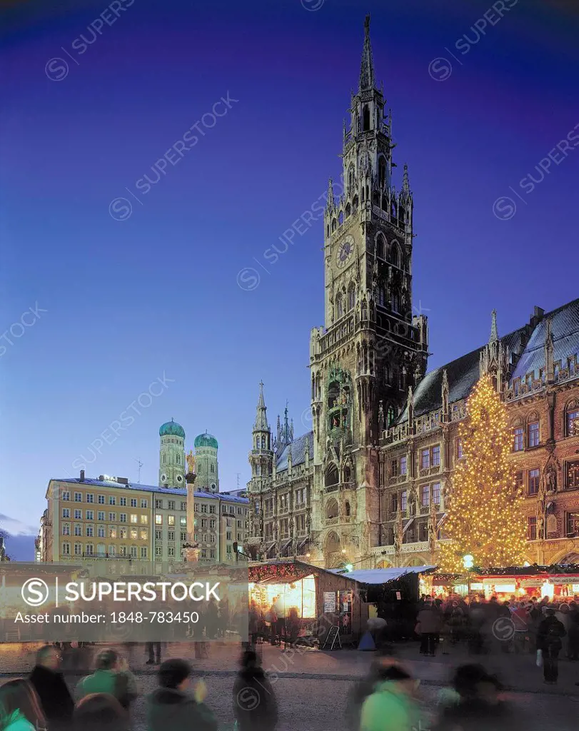 Munich Christmas market in Marienplatz square, evening