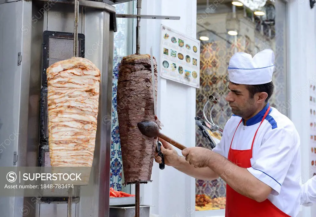 Doner food stand with lamb kebab and chicken kebab