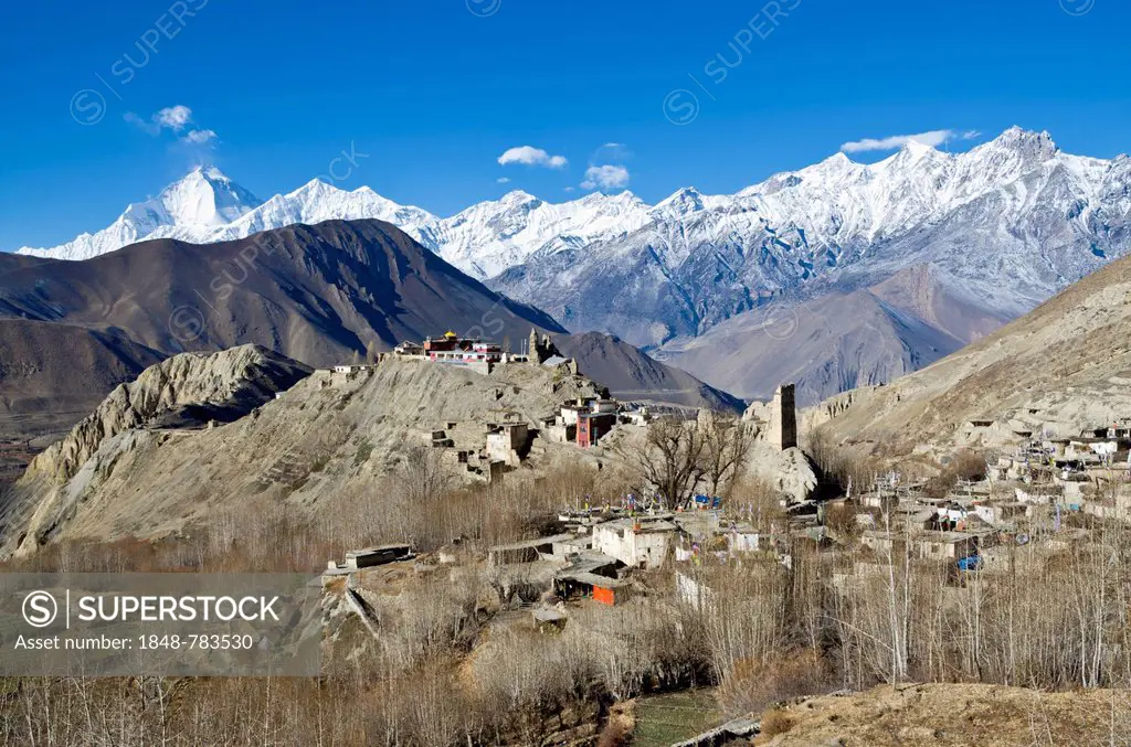 Dhaulagiri Mountain, 8167 m, Jhong Village in the foreground, seen from Muktinath
