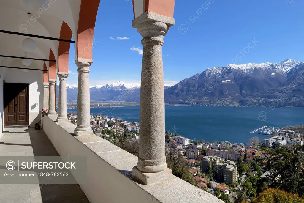 View from the terrace of the Sanctuary of the Madonna del Sasso or Our Lady of the Rock over Locarno and Lake Maggiore
