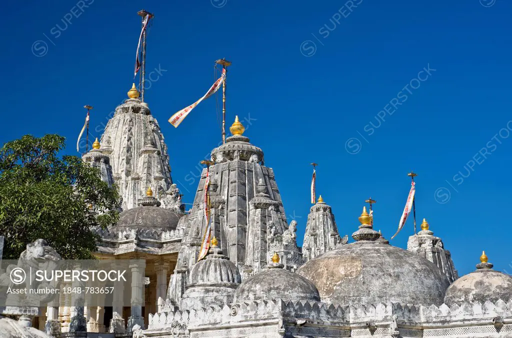 Domes and Shikhara towers of the temple complex on the holy mountain of Shatrunjaya, pilgrimage site for followers of Jainism, one of the four most sa...