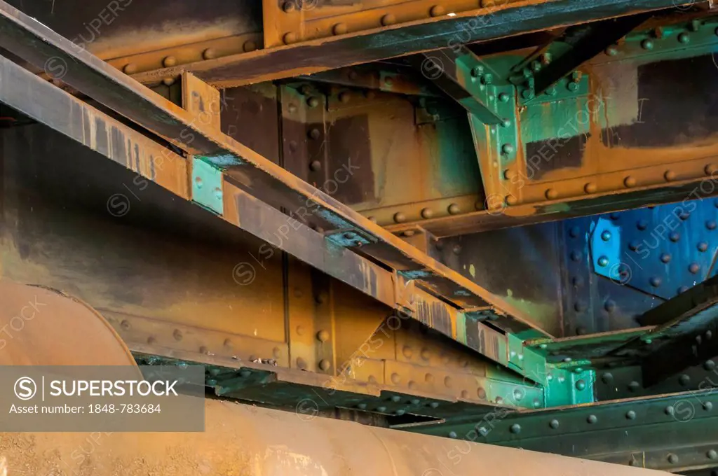 Rust and paint on steel girders, underneath the Main-Neckar Bridge