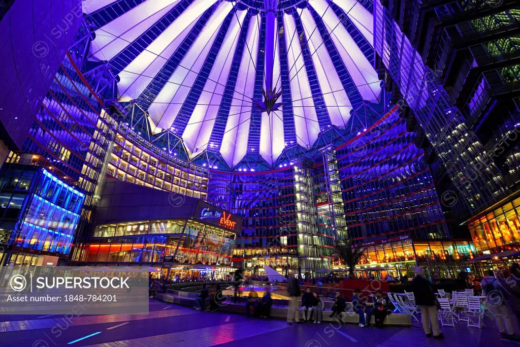 Central forum with roof of the Sony Center at Potsdamer Platz, in the evening