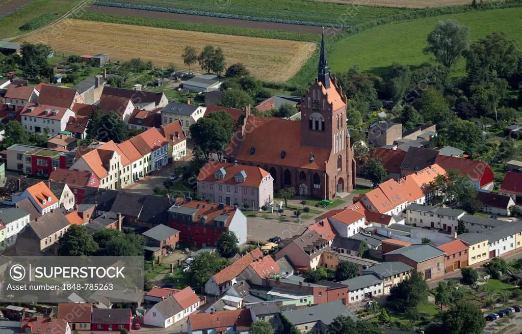 Aerial view, town center, St. Mary's Church, a brick church on the Markt square of Usedom