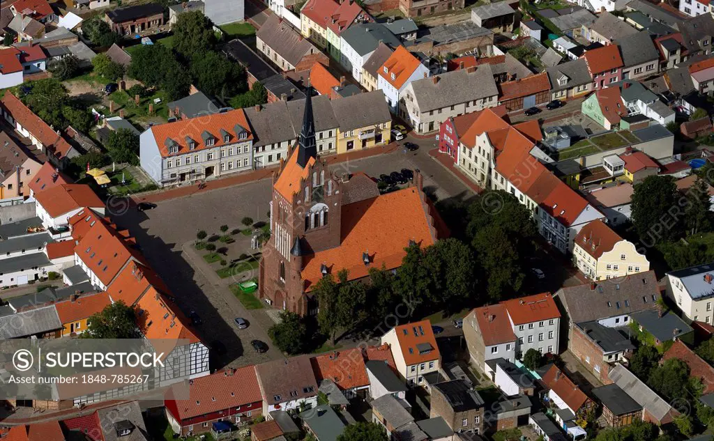 Aerial view, town center, St. Mary's Church, a brick church on the Markt square of Usedom
