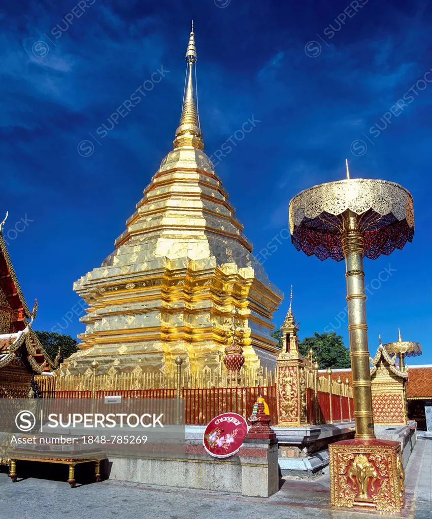 Wat Phra That Doi Suthep mountain temple, golden chedi with a golden umbrella