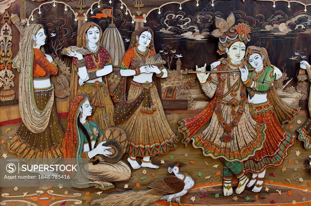 Radha Krishna with Gopis and a flute-playing Krishna