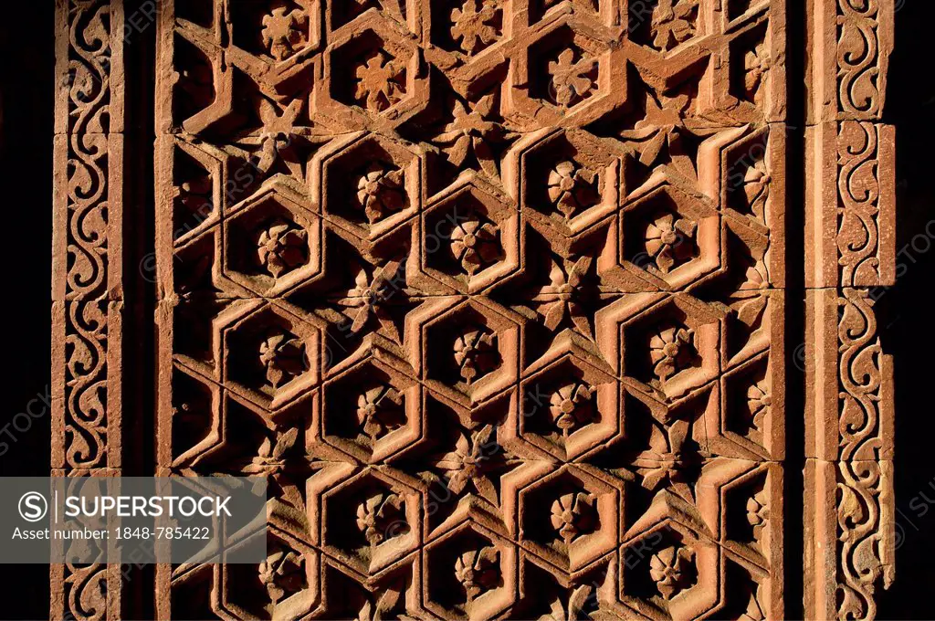 Detail, ornaments, relief, sandstone, Qutb Minar, Qutb complex, UNESCO World Heritage Site
