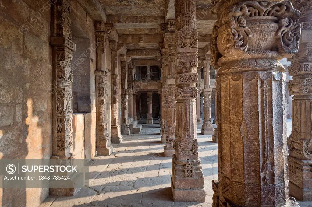 Ornately carved stone columns, Qutb complex, UNESCO World Heritage Site