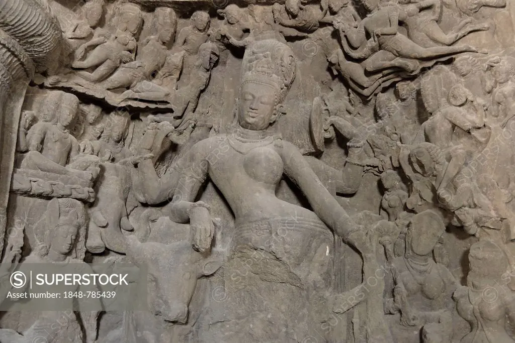 Figure of Shiva in one person with Parvati in the main cave of the Shiva temple on Elephanta Island, UNESCO World Heritage Site