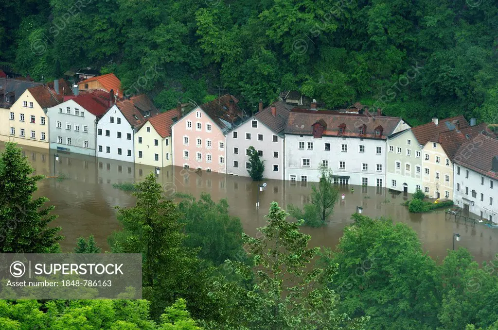 Flooded row of houses on Freyunger Strasse, a street along the Ilz River, during the floods on 3rd June 2013