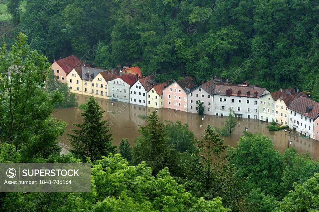 Flooded row of houses on Freyunger Strasse, a street along the Ilz River, during the floods on 3rd June 2013