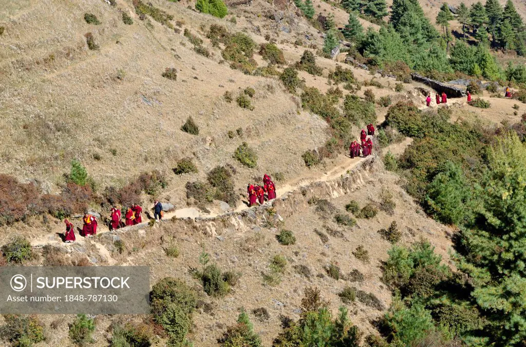 Monks and nuns wearing red cloths walking on a small path along a mountain slope
