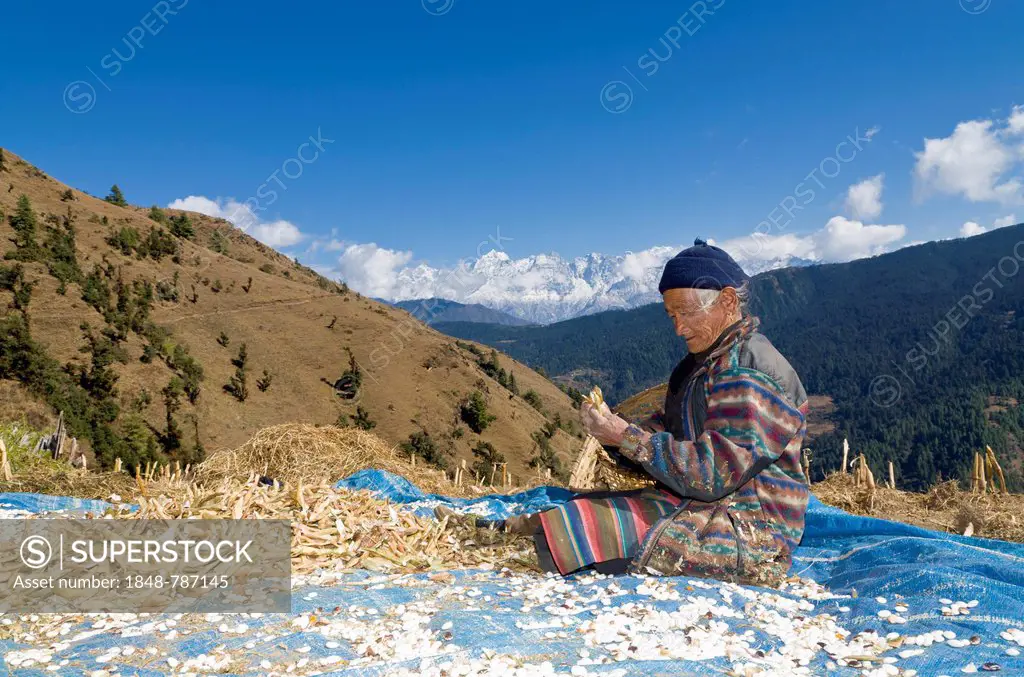 Old local woman sorting out beans, Mount Everest in the background