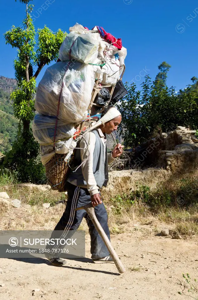 Nepali Porter carrying a big load from Kinja up to Lamjura La 3530 m