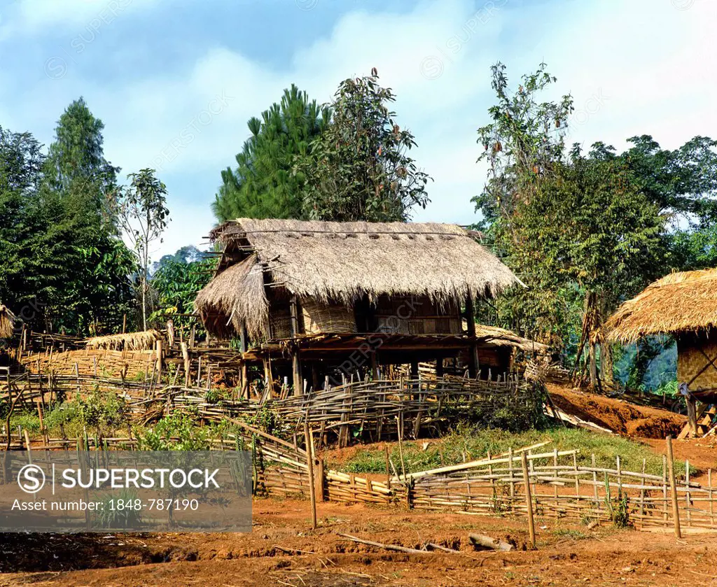 Typical bamboo hut of a Akha village in the west of Chiang Rai