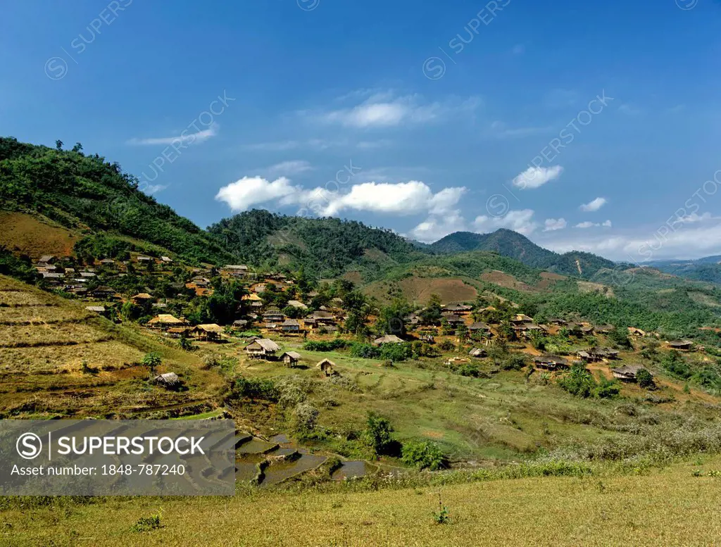 Akha village on the Burmese border in the west of Chiang Rai, rice paddies, rice terraces