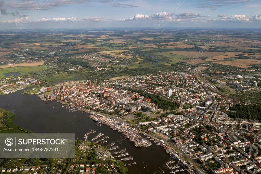 Aerial view, Rostock Stadthafen, historic harbour, old town, Steintor-Vorstadt quarter and Kroepeliner-Tor-Vorstadt quarter with the southeastern outs...