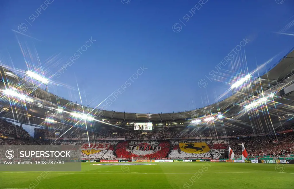 Fan action during the DFB semi-final, blue hour, Mercedes-Benz Arena