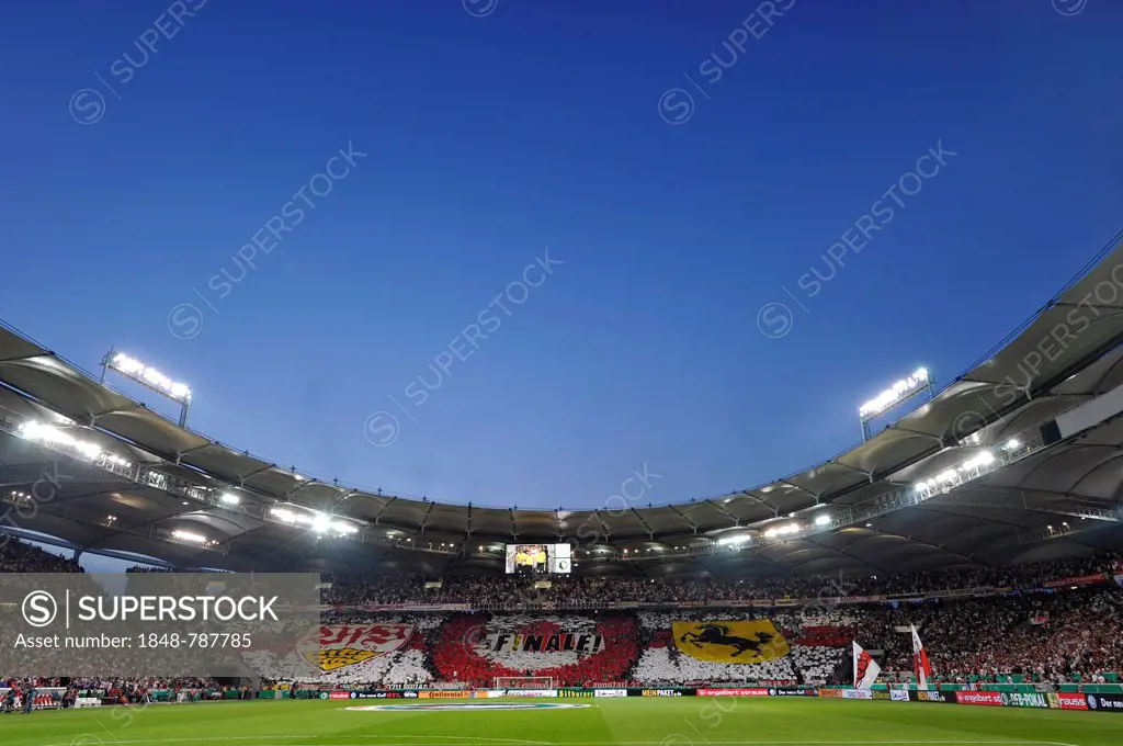 Fan action during the DFB semi-final, blue hour, Mercedes-Benz Arena