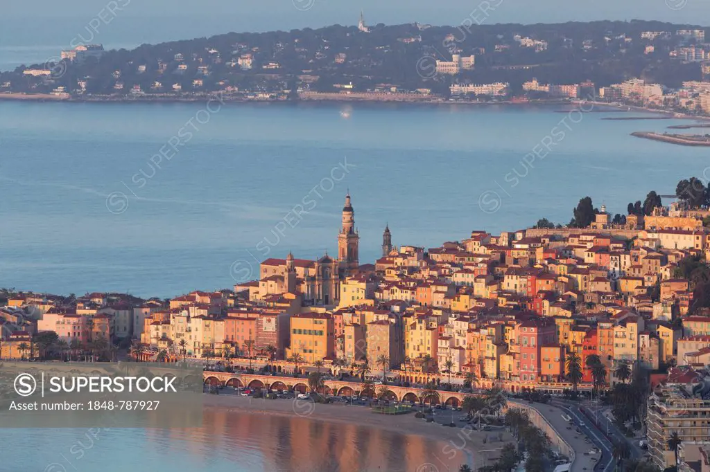 Historic town centre and bay of Menton in the morning light