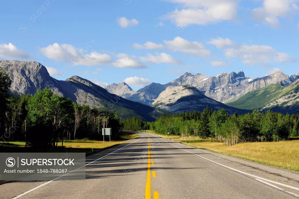 Highway 40 through Kananaskis Country with the foothills of the Rocky Mountains, Alberta, Canada