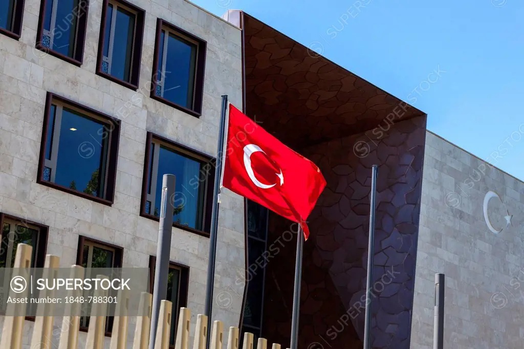 Turkish flag in front of the entrance to the Turkish Embassy