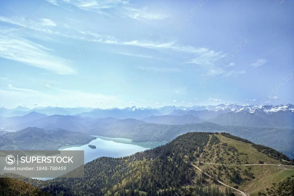View from the summit of Mt Herzogstand of Walchensee or Lake Walchen
