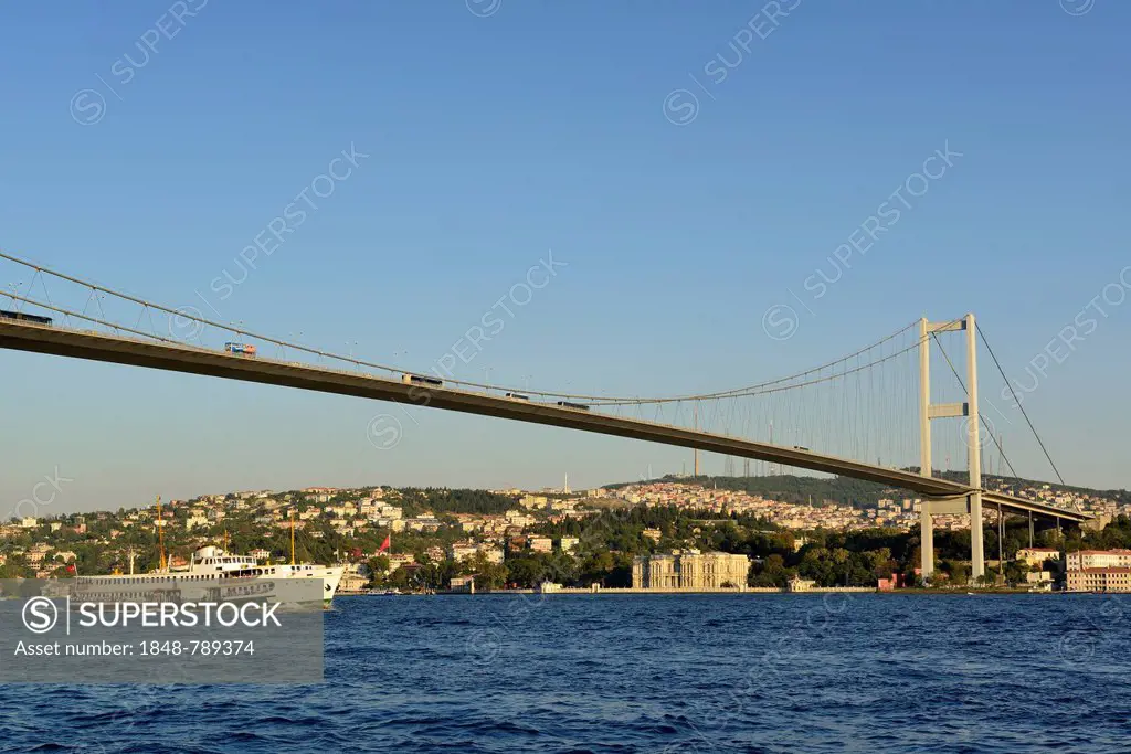 Ferry on the Bosphorus, Bosphorus Bridge, Beylerbeyi Palace on the Asian shore, seen from Ortakoey