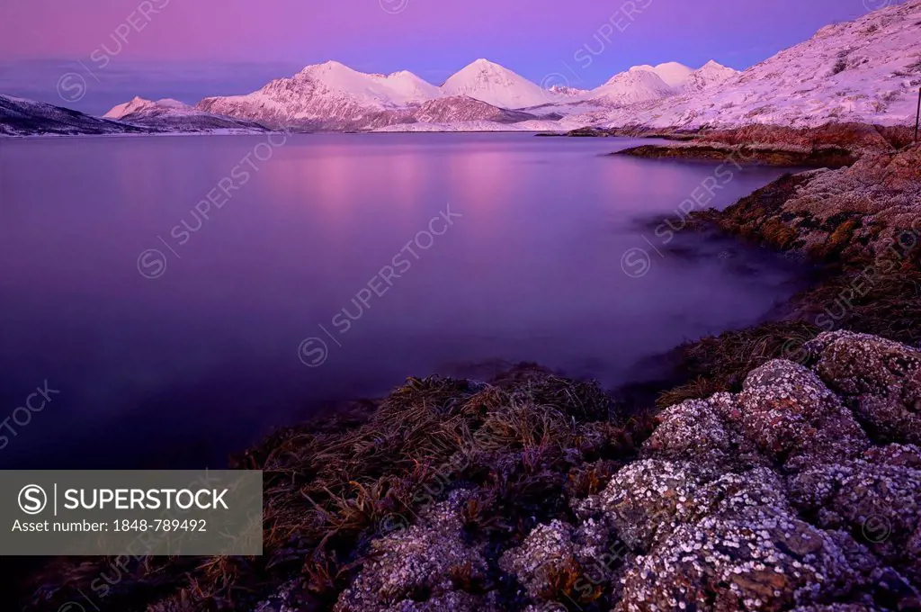 Fjord with stones in front of a mountain range in the evening light