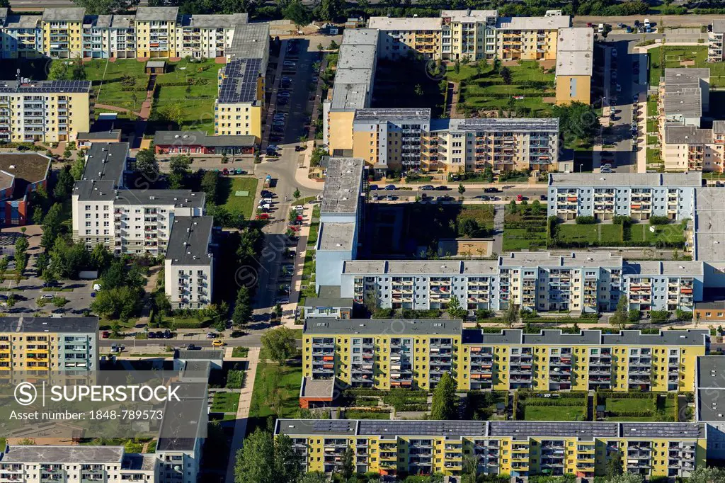 Aerial view, estate of buildings made of prefabricated concrete slabs