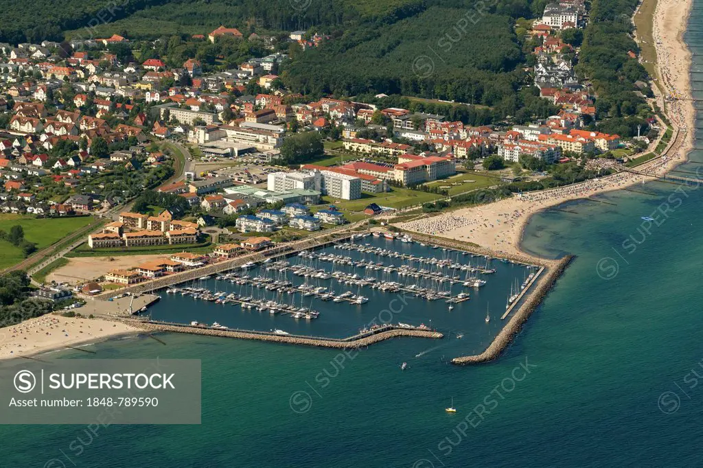 Aerial view, marina and beach