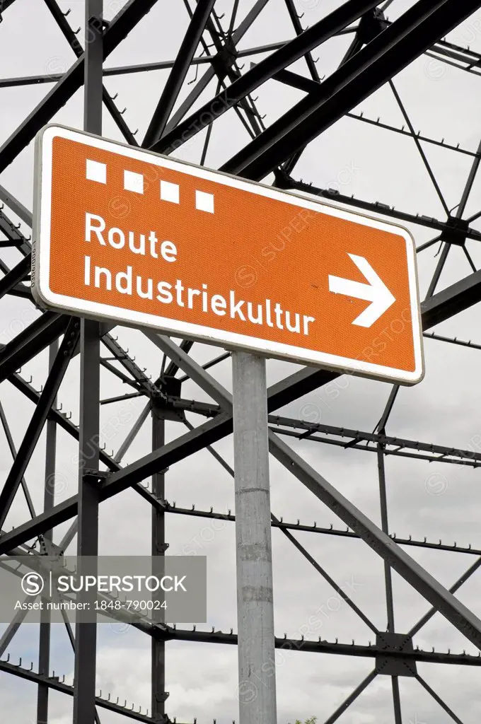 Sign, Route Industriekultur, German for Route of Industrial Heritage, former smelting plant, steel works, industrial site, Phoenix West