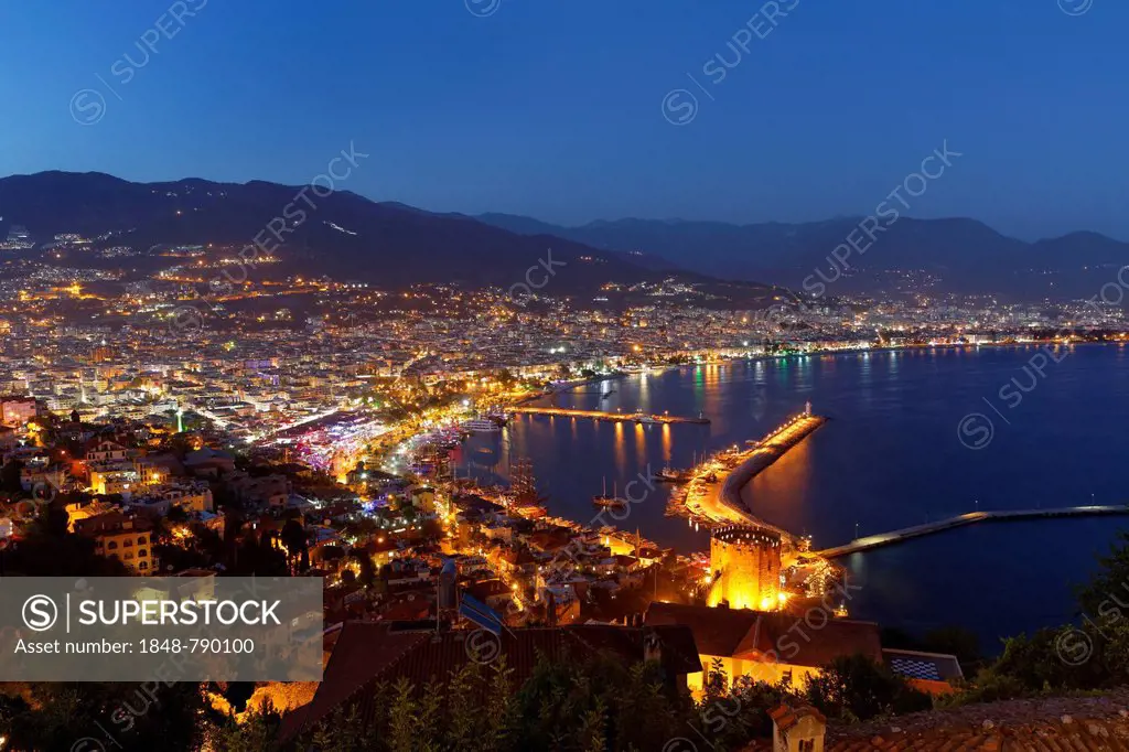 Historic town centre of Alanya with the port and Kzl Kule or Red Tower, view from Castle Hill