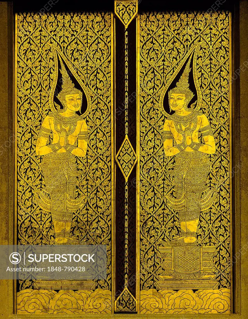 Doors with golden figures, handmade, Wat Traimit Temple