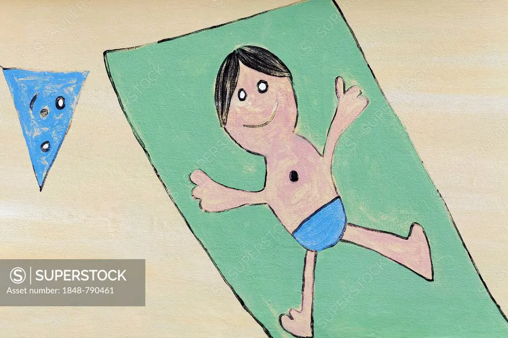 Boy lying on a beach towel, children's drawing
