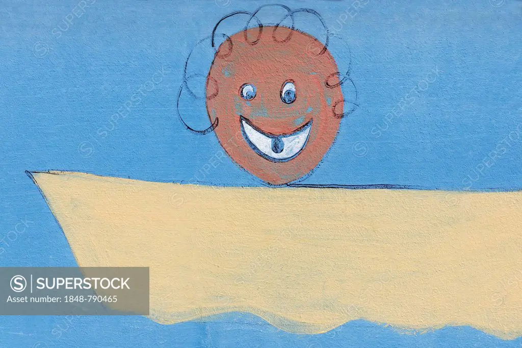 Sun-tanned child, head looking out of a boat, children's drawing