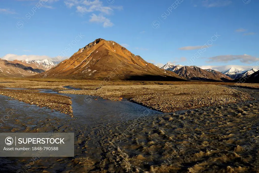 The Alaska Range with the meandering Toklat River, evening mood