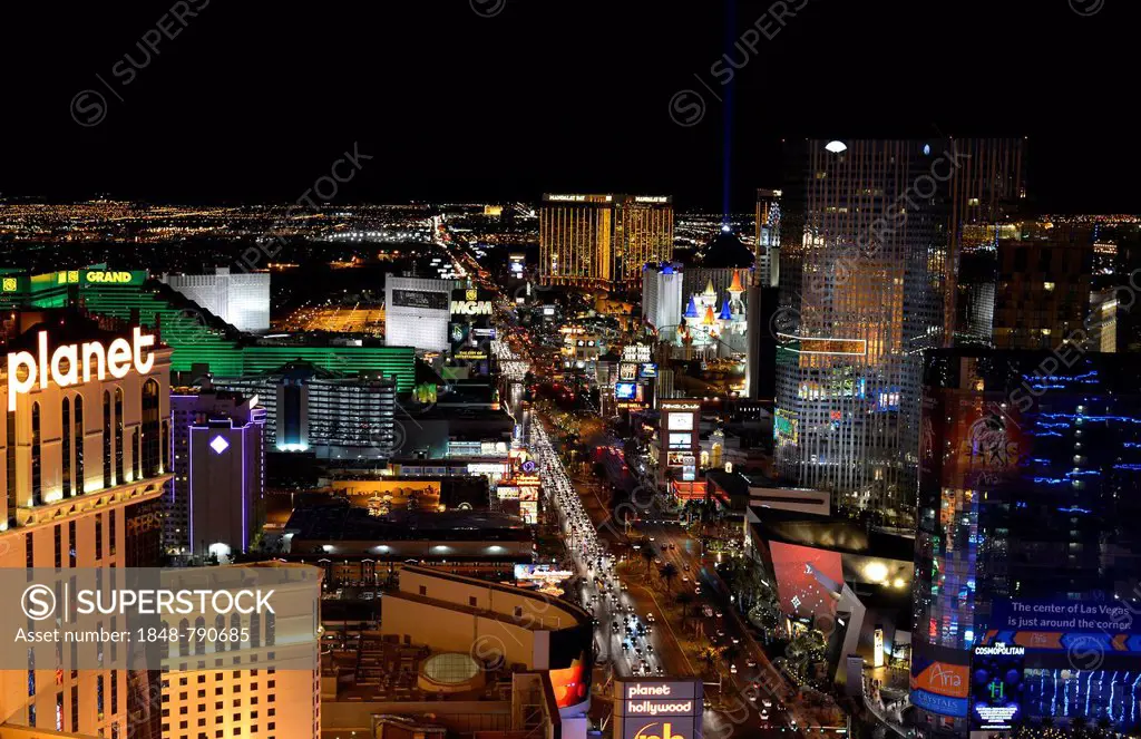 Night scene, The Strip, MGM Grand luxury hotel, Planet Hollywood, The Cosmopolitan, New York New York, Mandalay Bay, Excalibur