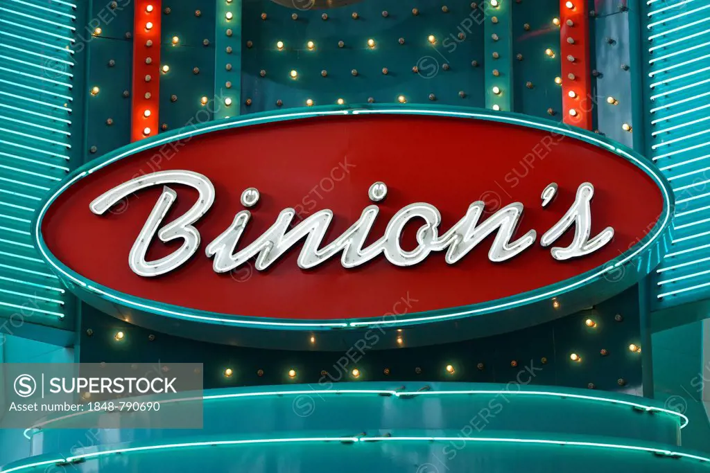 Neon signage of Binion's Horseshoe Gambling Hotel and Casino, Fremont Street Experience in old Vegas, downtown