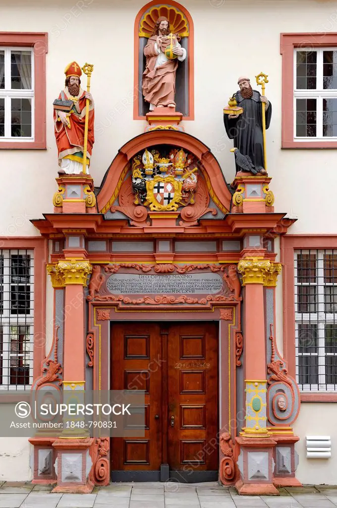 Renaissance portal with the figures of St. Boniface, Jesus Christ and the Holy. Benedict of Nursia, convent building of the former Benedictine convent...