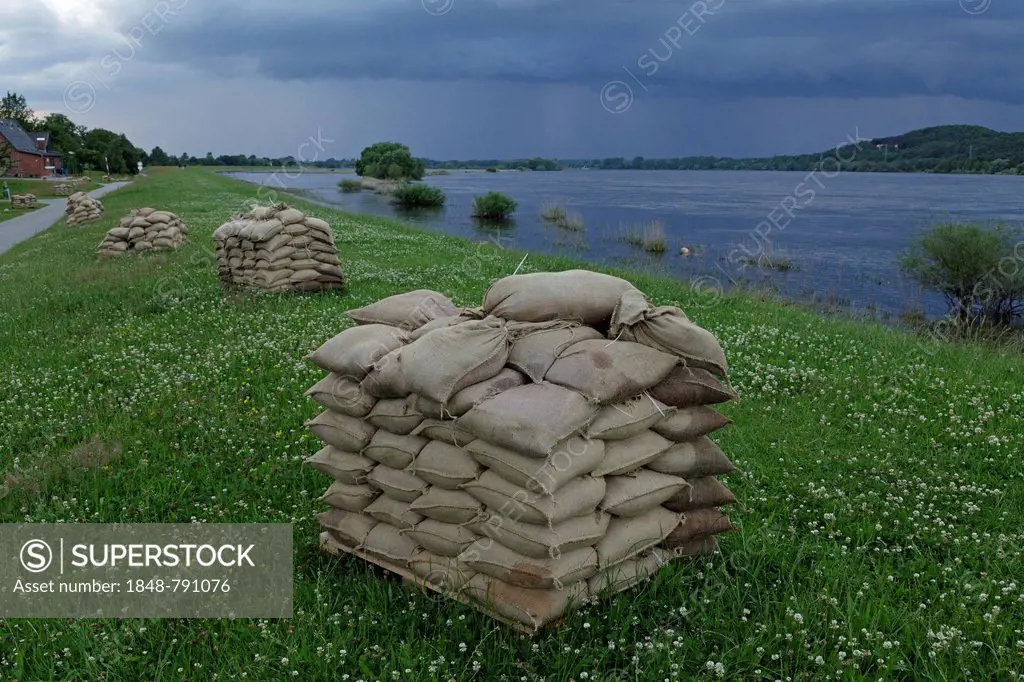 Sandbags on a dyke during a flood