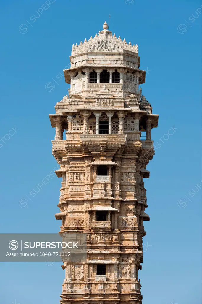 Top of Vijaya Stambha, a victory tower built during the reign of Rana Kumbha with relief figures from Hindu mythology, Chittorgarh Fort