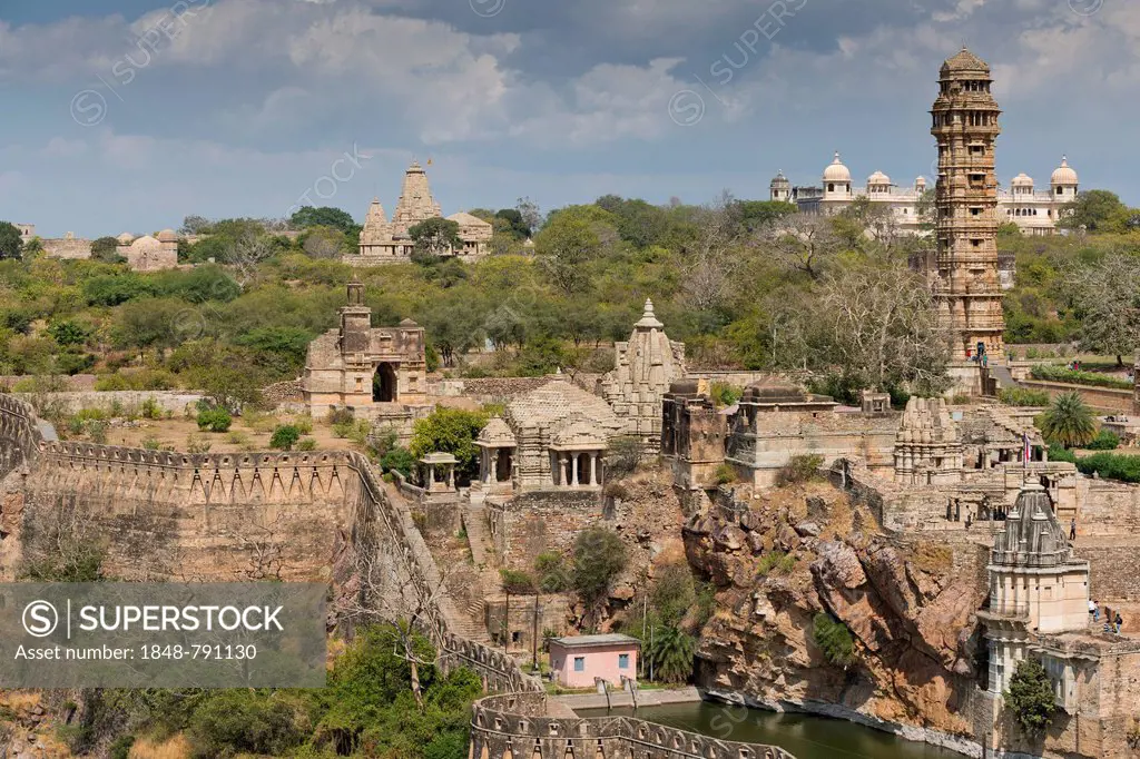 Fortified wall, Chittorgarh Fort of the Hindu Rajput princes with a temple complex and Vijaya Stambha, a victory tower built during the reign of Rana ...