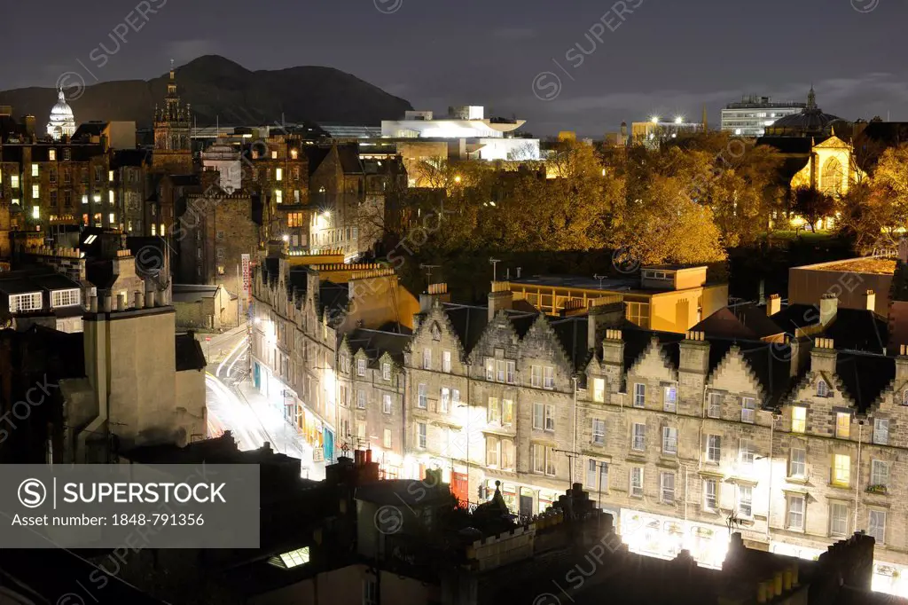 View from Johnston Terrace over Grassmarket, Cowgate till and the National Museum, illuminated at night