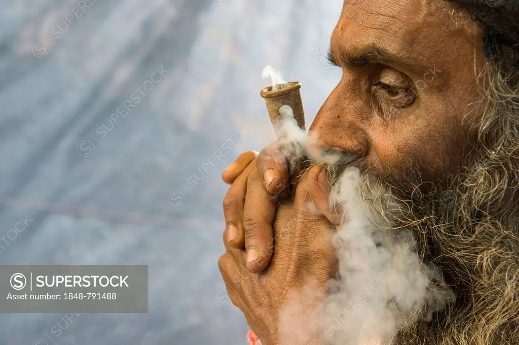 Udaisin Sadhu, holy man, smoking marihuana at the Sangam, the confluence of the rivers Ganges, Yamuna and Saraswati, during Kumbha Mela festival