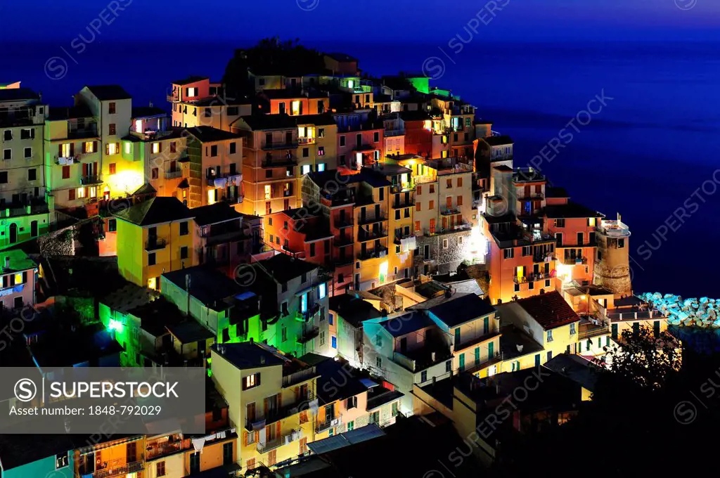 The village of Manarola and the sea at night