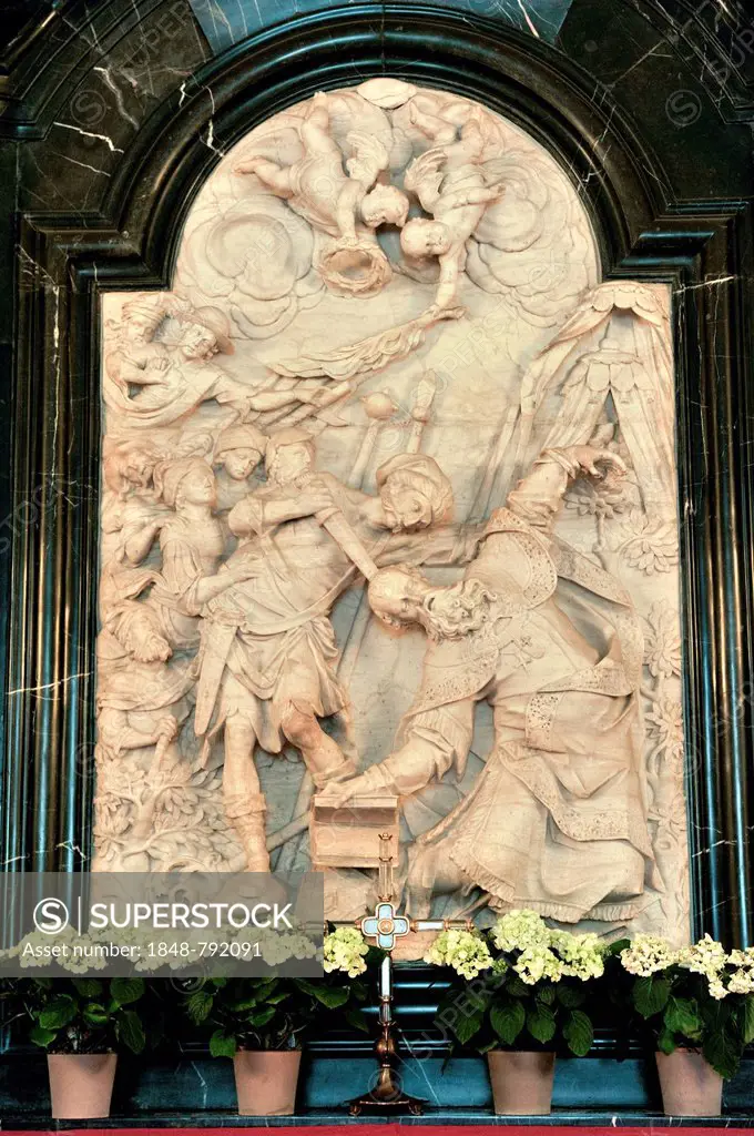 Relief image of the strike of the sword by Johann Neudecker, altar on the grave of the Apostle St. Boniface, St. Boniface Crypt, Cathedral of St. Salv...