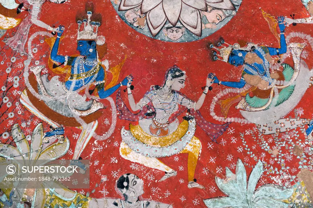 Pastoral god Krishna dancing the Rasa Lila dance with the Gopis, mural or fresco painted with natural colours, Badal Mahal or Cloud Palace, Bundikalam...