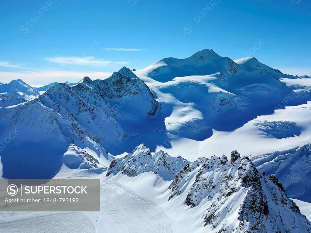 Pitztal Glacier ski area, panorama from the mountain station of Hinterer Brunnenkogel Mountain, 3440m, view towards Wildspitze Mountain, Mittelbergfer...